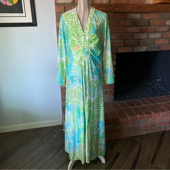 VTG Rona New York by Saks Fifth Avenue Green Retro Paisley Flower Maxi Dress - Picture 1 of 10